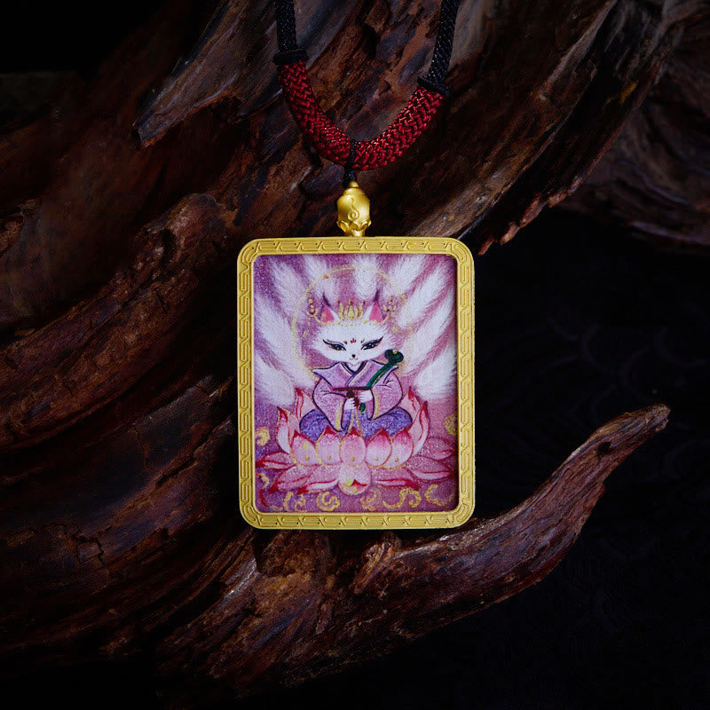 BWOOOH Tibetan Zakiram Nine Tailed Fox Yellow God of Wealth Painted Thangka Hope Necklace Pendant