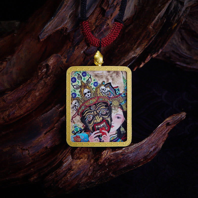 BWOOOH Tibetan Zakiram Nine Tailed Fox Yellow God of Wealth Painted Thangka Hope Necklace Pendant