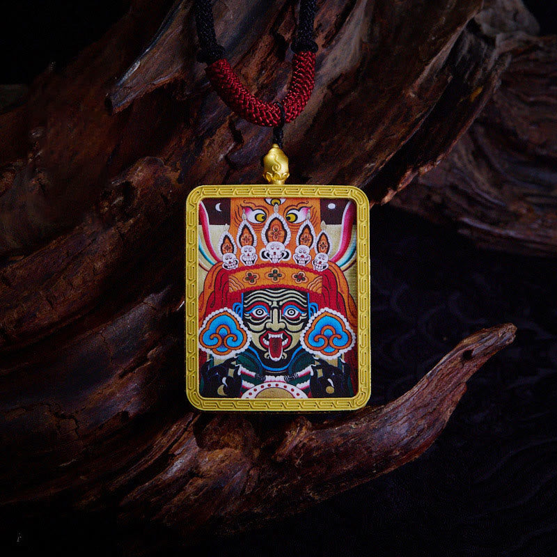 BWOOOH Tibetan Zakiram Nine Tailed Fox Yellow God of Wealth Painted Thangka Hope Necklace Pendant