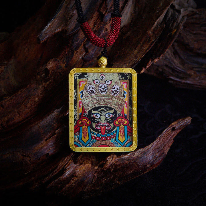 BWOOOH Tibetan Zakiram Nine Tailed Fox Yellow God of Wealth Painted Thangka Hope Necklace Pendant