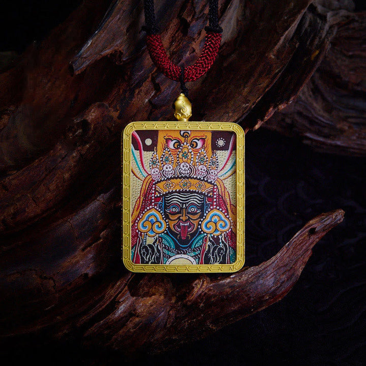 BWOOOH Tibetan Zakiram Nine Tailed Fox Yellow God of Wealth Painted Thangka Hope Necklace Pendant