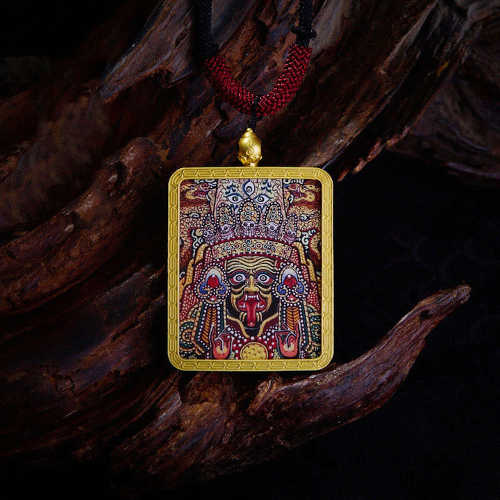 BWOOOH Tibetan Zakiram Nine Tailed Fox Yellow God of Wealth Painted Thangka Hope Necklace Pendant