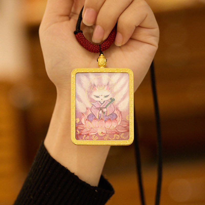 BWOOOH Tibetan Zakiram Nine Tailed Fox Yellow God of Wealth Painted Thangka Hope Necklace Pendant
