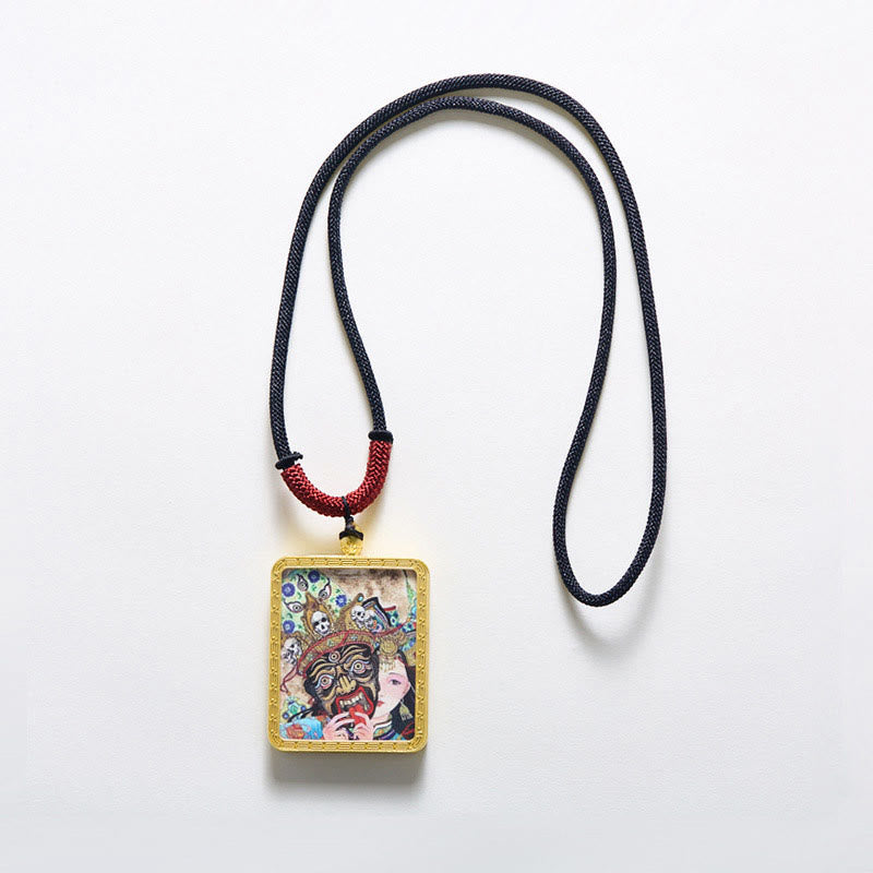 BWOOOH Tibetan Zakiram Nine Tailed Fox Yellow God of Wealth Painted Thangka Hope Necklace Pendant