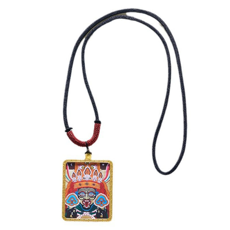 BWOOOH Tibetan Zakiram Nine Tailed Fox Yellow God of Wealth Painted Thangka Hope Necklace Pendant