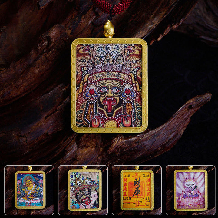 BWOOOH Tibetan Zakiram Nine Tailed Fox Yellow God of Wealth Painted Thangka Hope Necklace Pendant
