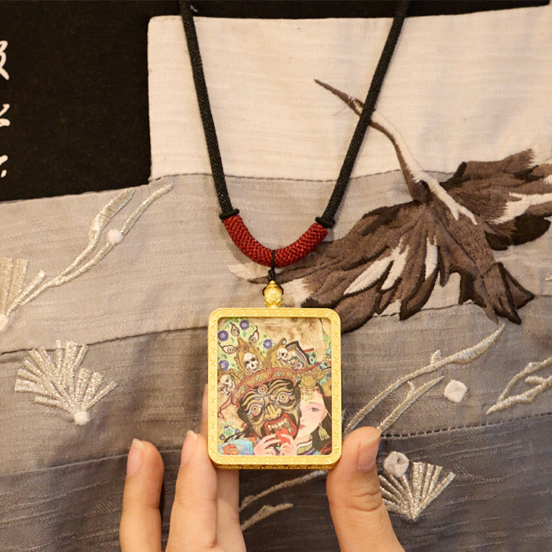 BWOOOH Tibetan Zakiram Nine Tailed Fox Yellow God of Wealth Painted Thangka Hope Necklace Pendant