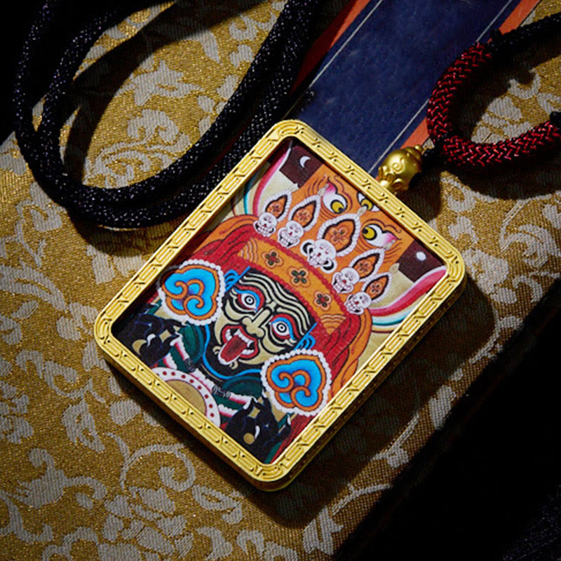 BWOOOH Tibetan Zakiram Nine Tailed Fox Yellow God of Wealth Painted Thangka Hope Necklace Pendant