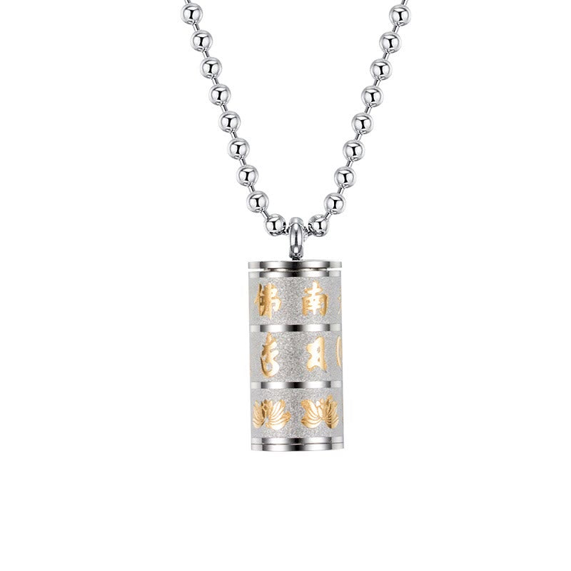 BWOOOH Tibetan Om Mani Padme Hum Lotus Pattern Prayer Wheel Titanium Steel Peace Necklace Pendant