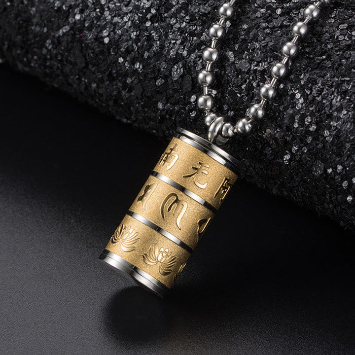 BWOOOH Tibetan Om Mani Padme Hum Lotus Pattern Prayer Wheel Titanium Steel Peace Necklace Pendant