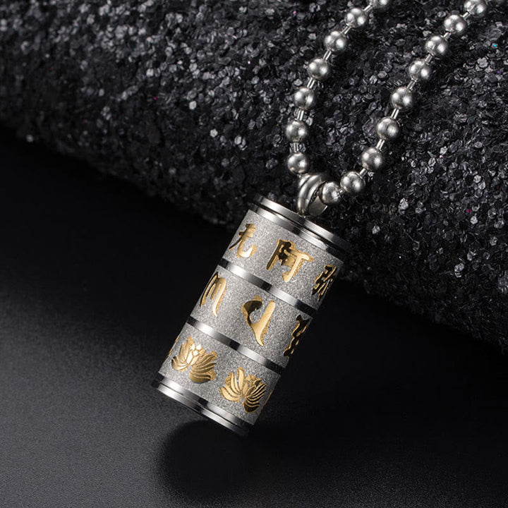 BWOOOH Tibetan Om Mani Padme Hum Lotus Pattern Prayer Wheel Titanium Steel Peace Necklace Pendant