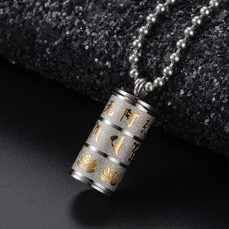 BWOOOH Tibetan Om Mani Padme Hum Lotus Pattern Prayer Wheel Titanium Steel Peace Necklace Pendant