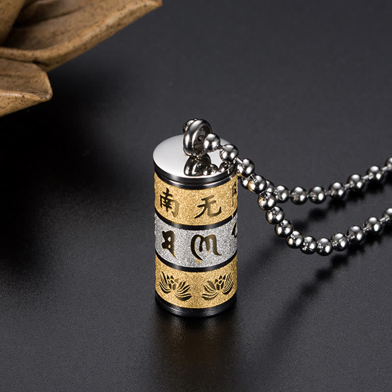 BWOOOH Tibetan Om Mani Padme Hum Lotus Pattern Prayer Wheel Titanium Steel Peace Necklace Pendant