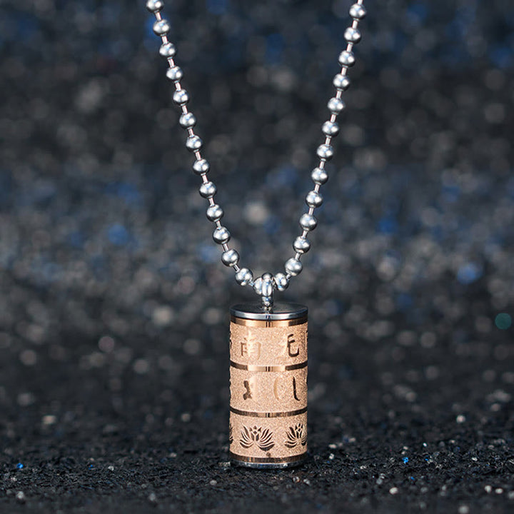 BWOOOH Tibetan Om Mani Padme Hum Lotus Pattern Prayer Wheel Titanium Steel Peace Necklace Pendant