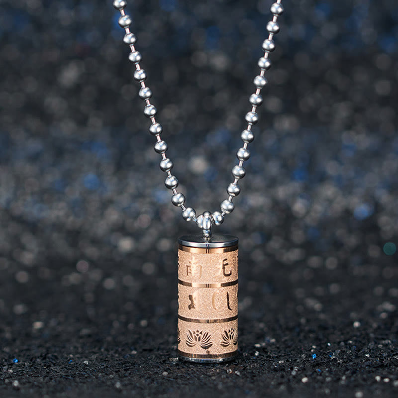 BWOOOH Tibetan Om Mani Padme Hum Lotus Pattern Prayer Wheel Titanium Steel Peace Necklace Pendant