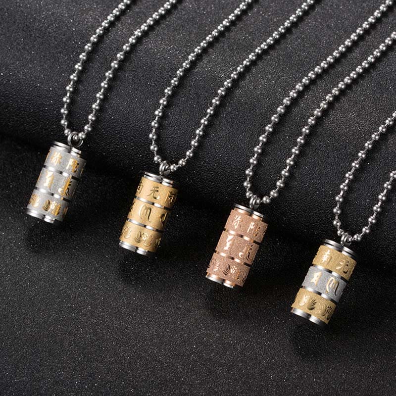 BWOOOH Tibetan Om Mani Padme Hum Lotus Pattern Prayer Wheel Titanium Steel Peace Necklace Pendant