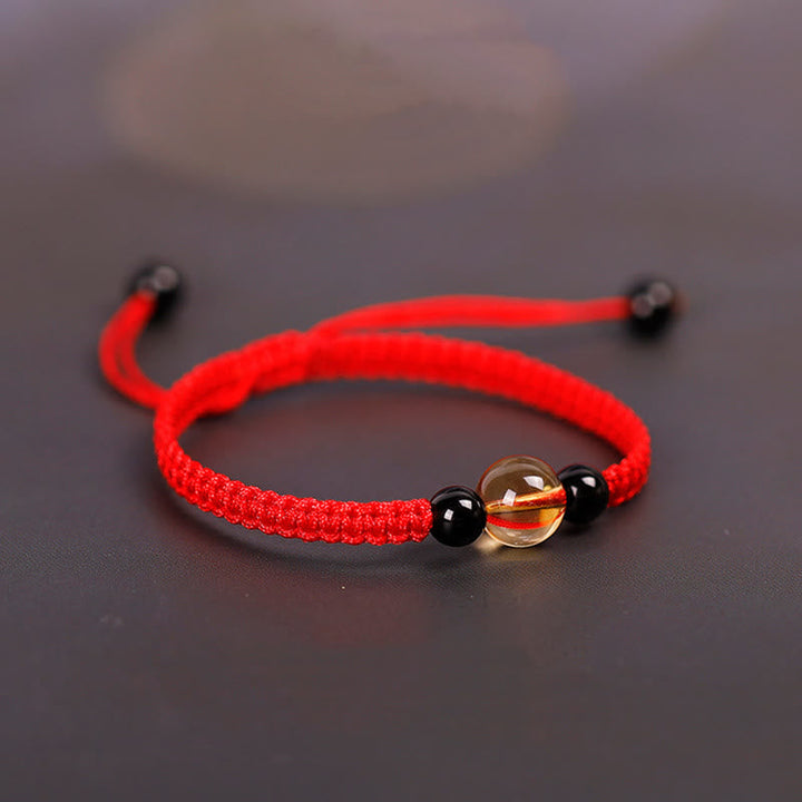 BWOOOH Handcrafted Citrine Black Obsidian Bead King Kong Knot Peace Knot Luck Rope Bracelet