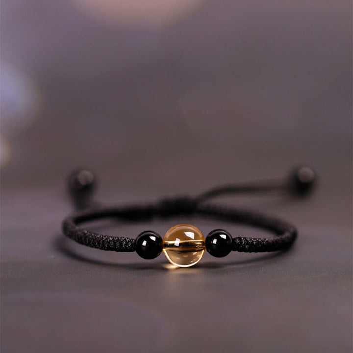 BWOOOH Handcrafted Citrine Black Obsidian Bead King Kong Knot Peace Knot Luck Rope Bracelet