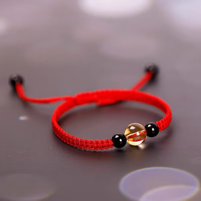 BWOOOH Handcrafted Citrine Black Obsidian Bead King Kong Knot Peace Knot Luck Rope Bracelet
