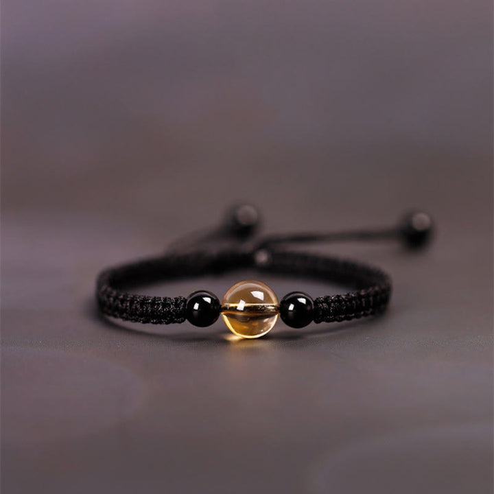BWOOOH Handcrafted Citrine Black Obsidian Bead King Kong Knot Peace Knot Luck Rope Bracelet