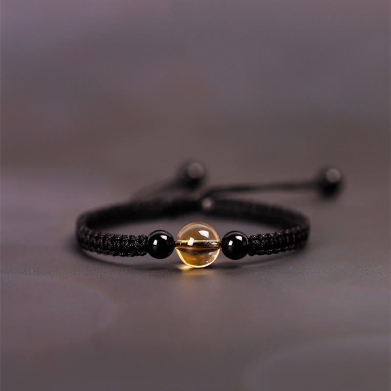 BWOOOH Handcrafted Citrine Black Obsidian Bead King Kong Knot Peace Knot Luck Rope Bracelet