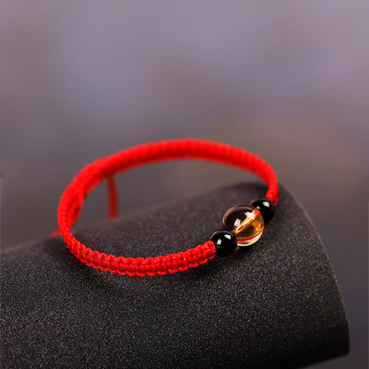 BWOOOH Handcrafted Citrine Black Obsidian Bead King Kong Knot Peace Knot Luck Rope Bracelet