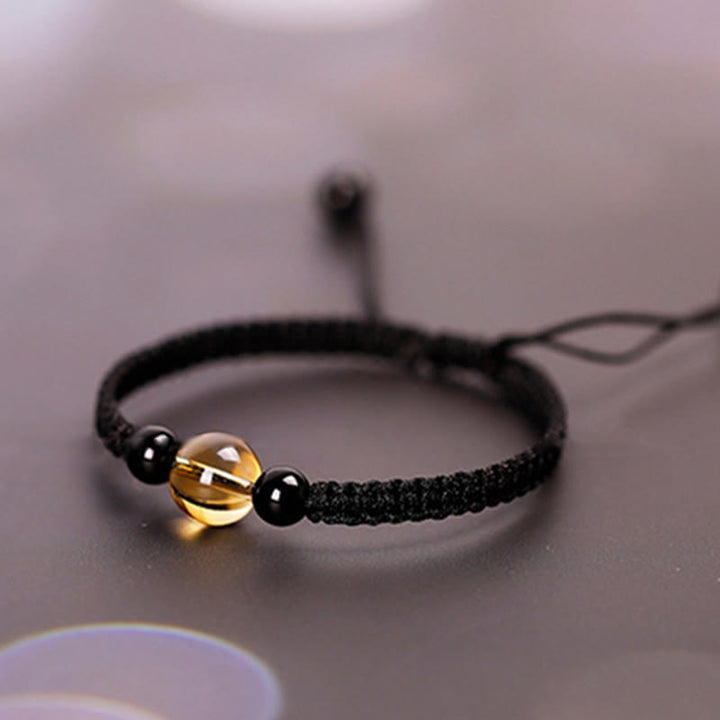BWOOOH Handcrafted Citrine Black Obsidian Bead King Kong Knot Peace Knot Luck Rope Bracelet