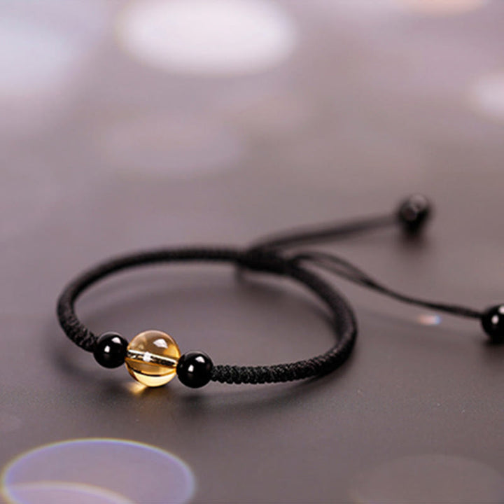 BWOOOH Handcrafted Citrine Black Obsidian Bead King Kong Knot Peace Knot Luck Rope Bracelet