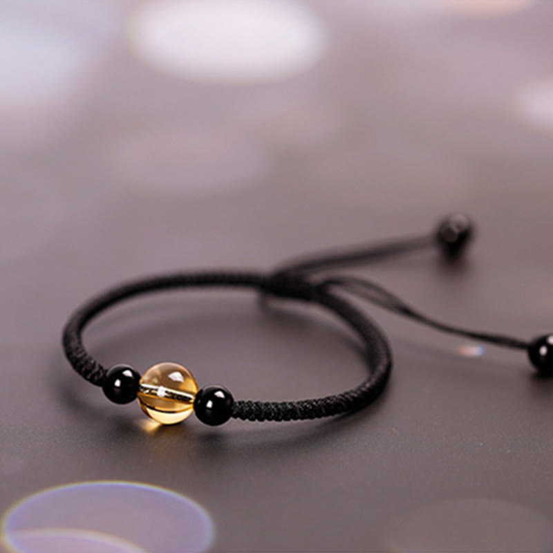 BWOOOH Handcrafted Citrine Black Obsidian Bead King Kong Knot Peace Knot Luck Rope Bracelet