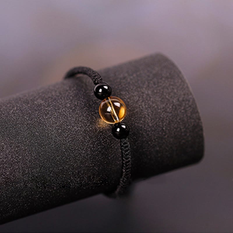 BWOOOH Handcrafted Citrine Black Obsidian Bead King Kong Knot Peace Knot Luck Rope Bracelet
