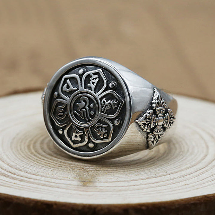 BWOOOH Tibetan Om Mani Padme Hum Vajra Pattern Copper Focus Rotatable Ring