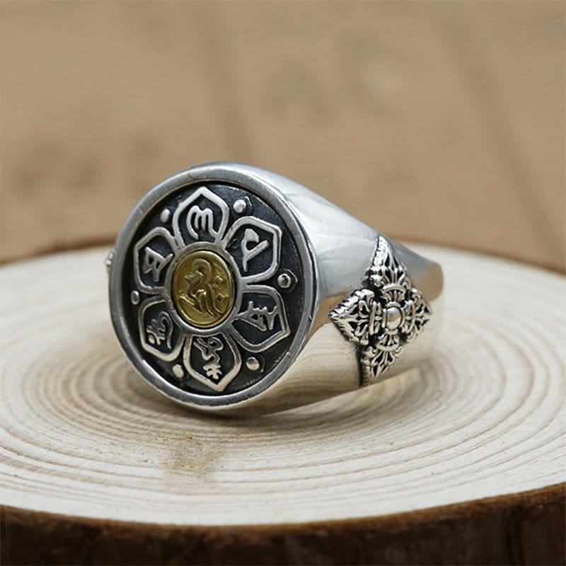 BWOOOH Tibetan Om Mani Padme Hum Vajra Pattern Copper Focus Rotatable Ring