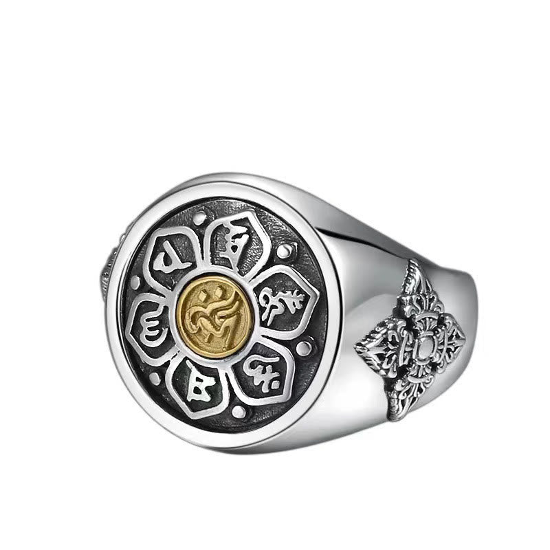 BWOOOH Tibetan Om Mani Padme Hum Vajra Pattern Copper Focus Rotatable Ring