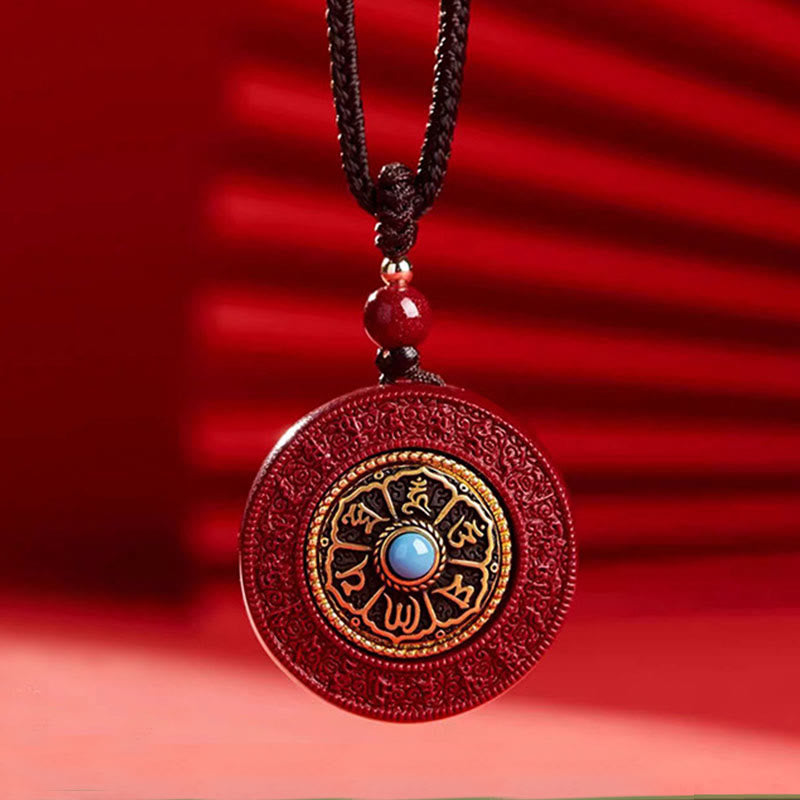 BWOOOH Natural Cinnabar Om Mani Padme Hum Rotatable Scripture Yin Yang Pattern Blessing Necklace String Pendant