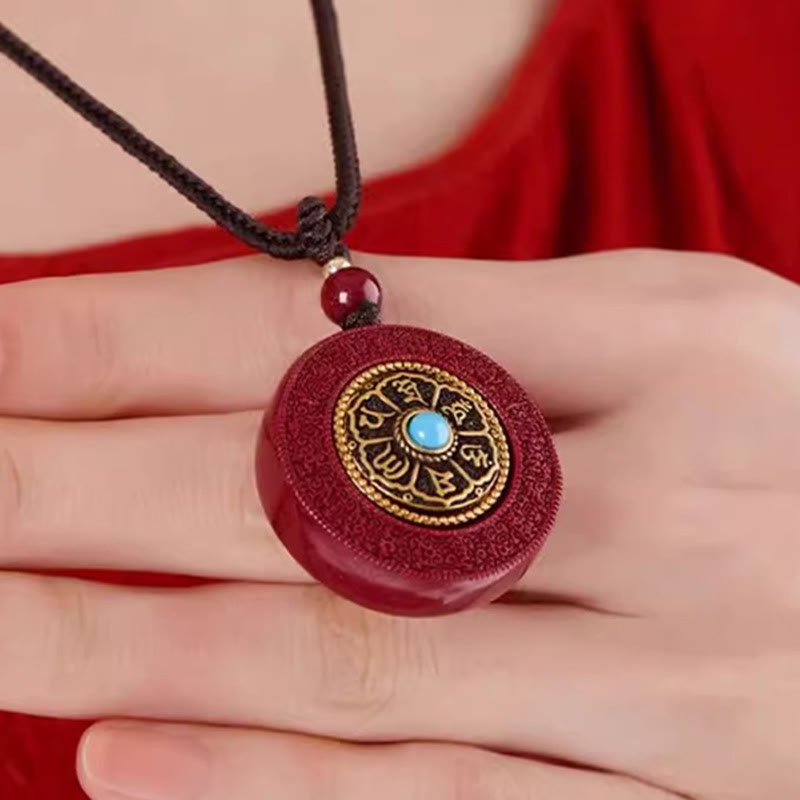 BWOOOH Natural Cinnabar Om Mani Padme Hum Rotatable Scripture Yin Yang Pattern Blessing Necklace String Pendant