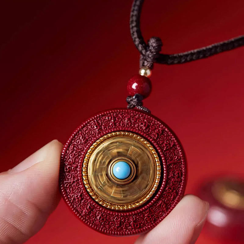BWOOOH Natural Cinnabar Om Mani Padme Hum Rotatable Scripture Yin Yang Pattern Blessing Necklace String Pendant