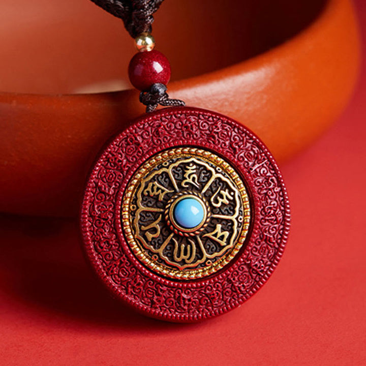 BWOOOH Natural Cinnabar Om Mani Padme Hum Rotatable Scripture Yin Yang Pattern Blessing Necklace String Pendant