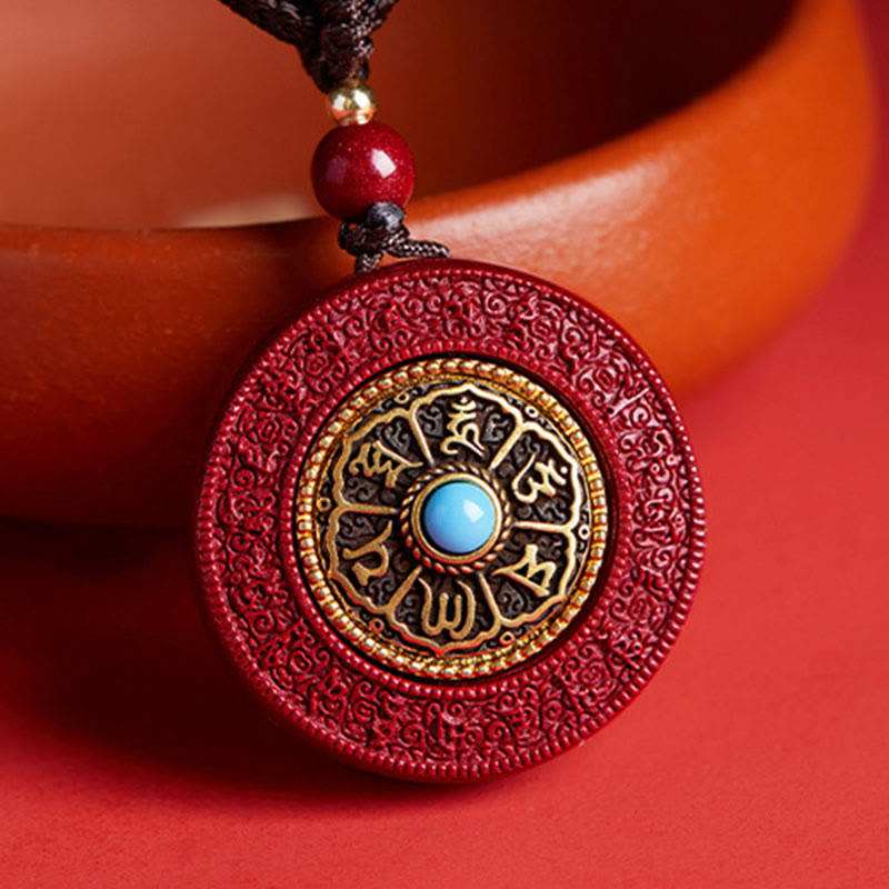 BWOOOH Natural Cinnabar Om Mani Padme Hum Rotatable Scripture Yin Yang Pattern Blessing Necklace String Pendant