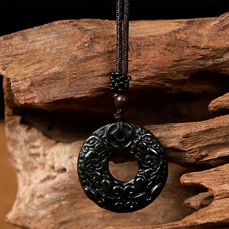 BWOOOH Tibetan Nanyang Black-Green Jade PiXiu Peace Buckle Protection Necklace Pendant