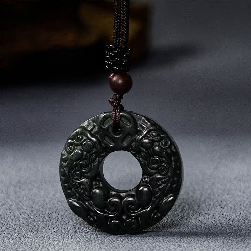 BWOOOH Tibetan Nanyang Black-Green Jade PiXiu Peace Buckle Protection Necklace Pendant