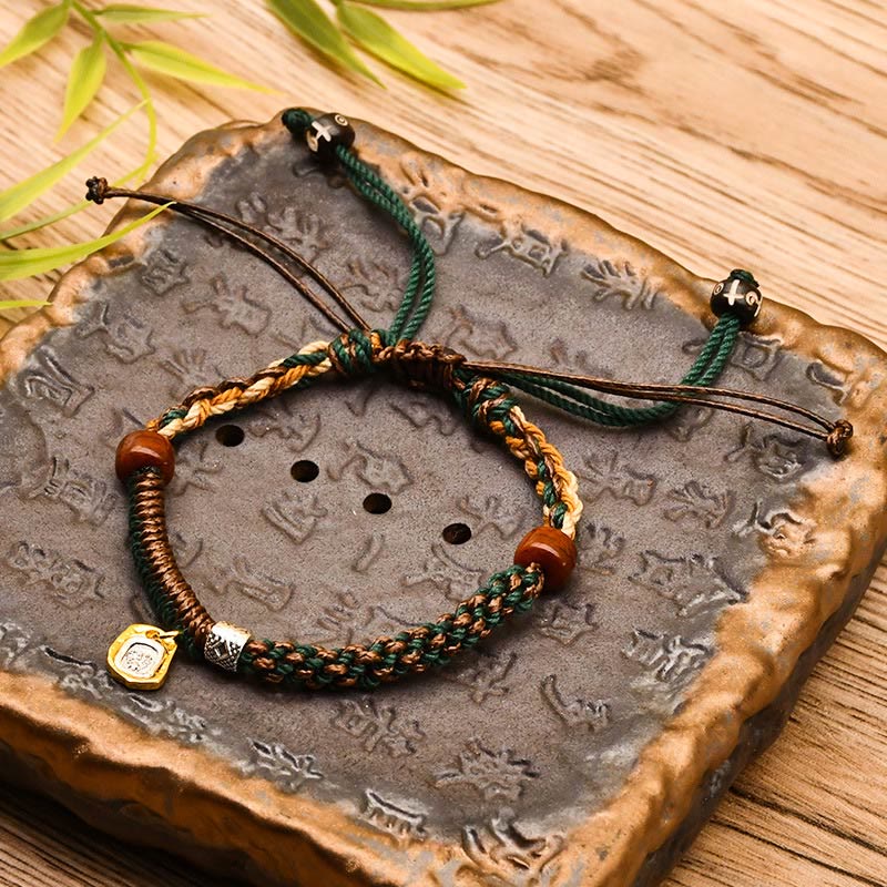 BWOOOH Handmade Tibetan Zakiram Goddess Of Wealth Wood Protection Braided Bracelet