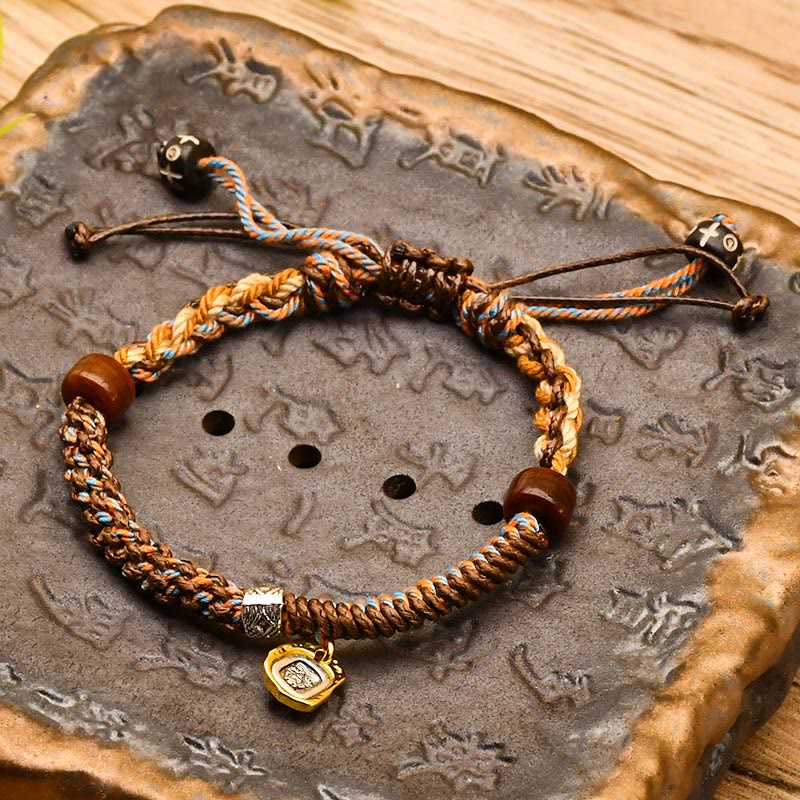 BWOOOH Handmade Tibetan Zakiram Goddess Of Wealth Wood Protection Braided Bracelet