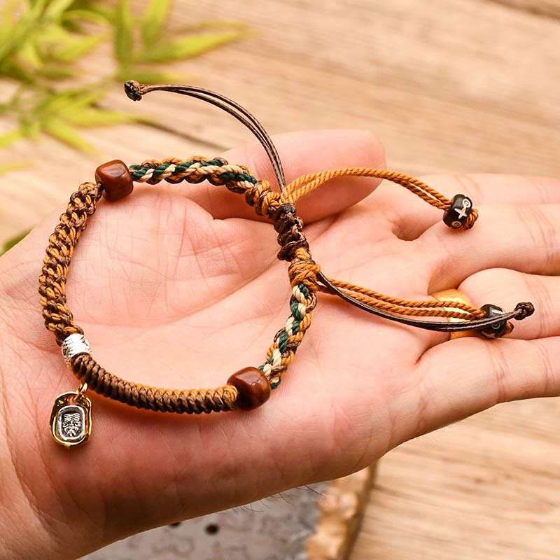 BWOOOH Handmade Tibetan Zakiram Goddess Of Wealth Wood Protection Braided Bracelet