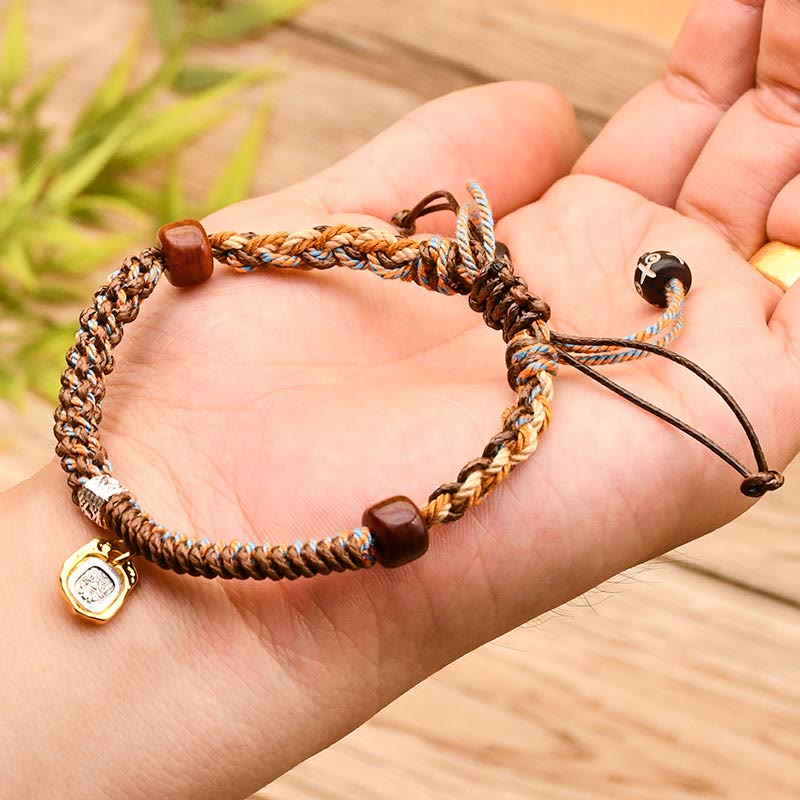 BWOOOH Handmade Tibetan Zakiram Goddess Of Wealth Wood Protection Braided Bracelet