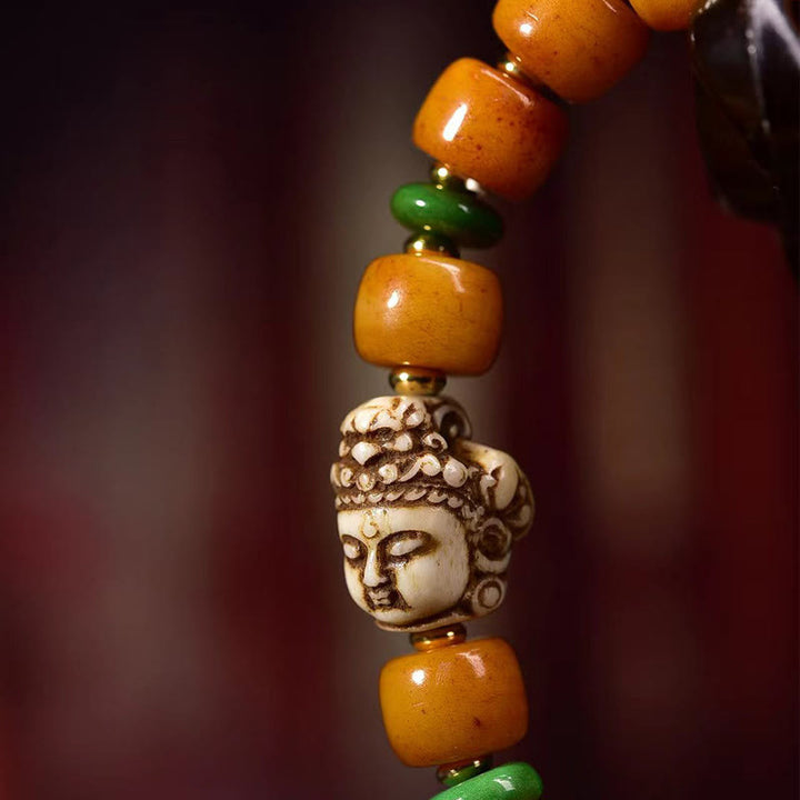 BWOOOH Natural Tibetan Camel Bone Barrel Beads Buddha Head Luck Protection Bracelet