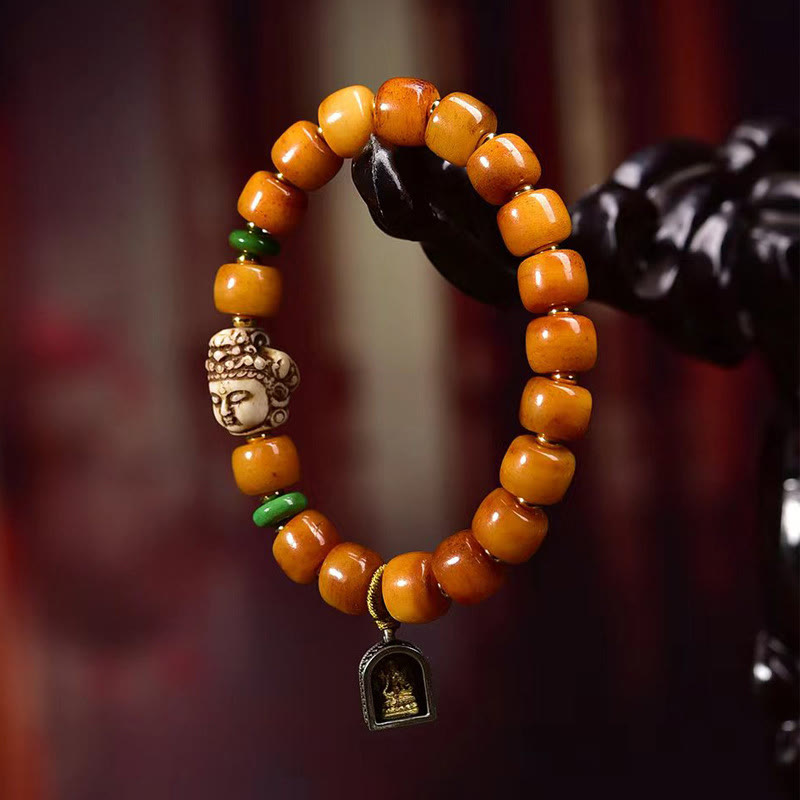 BWOOOH Natural Tibetan Camel Bone Barrel Beads Buddha Head Luck Protection Bracelet