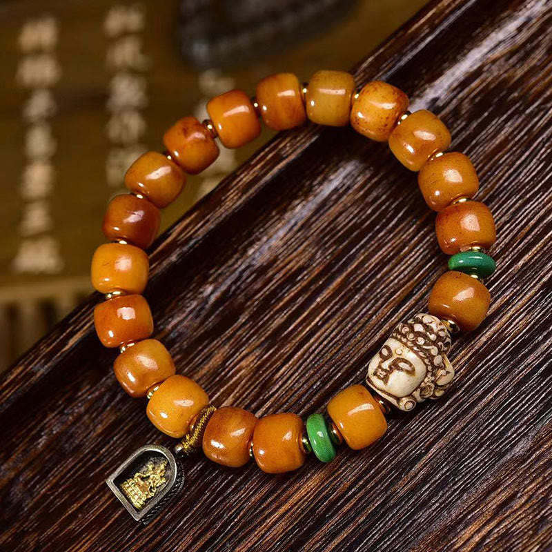 BWOOOH Natural Tibetan Camel Bone Barrel Beads Buddha Head Luck Protection Bracelet