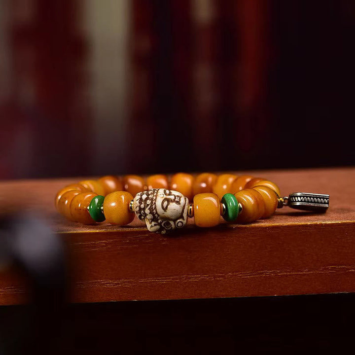 BWOOOH Natural Tibetan Camel Bone Barrel Beads Buddha Head Luck Protection Bracelet