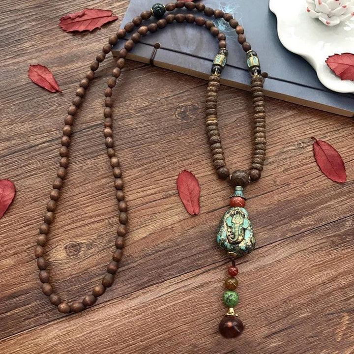 BWOOOH Tibetan Handmade Wenge Wood Protection Dzi Bead Elephant Head Necklace Pendant