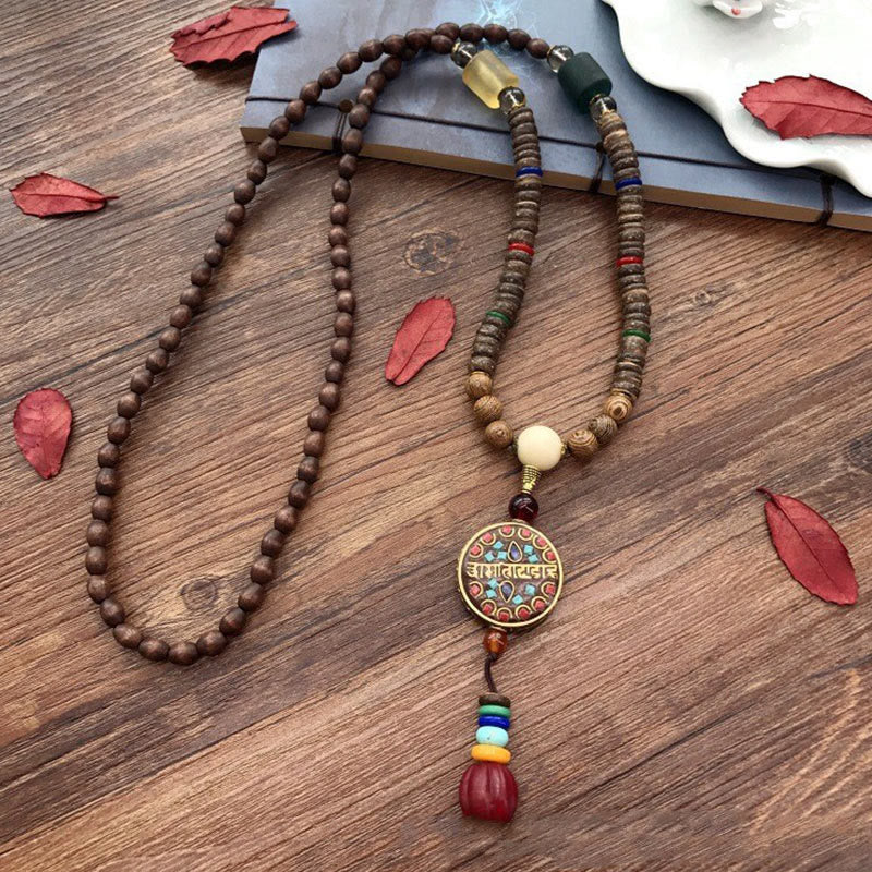 BWOOOH Tibetan Handmade Coconut Shell Schima Wood Great Bright Mantra Copper Bead Balance Necklace Pendant